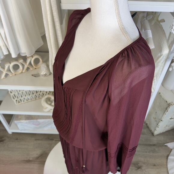 White House Black Market sz. Large Burgundy dress, soft girl sheer sleeves #3745 - Picture 5 of 6